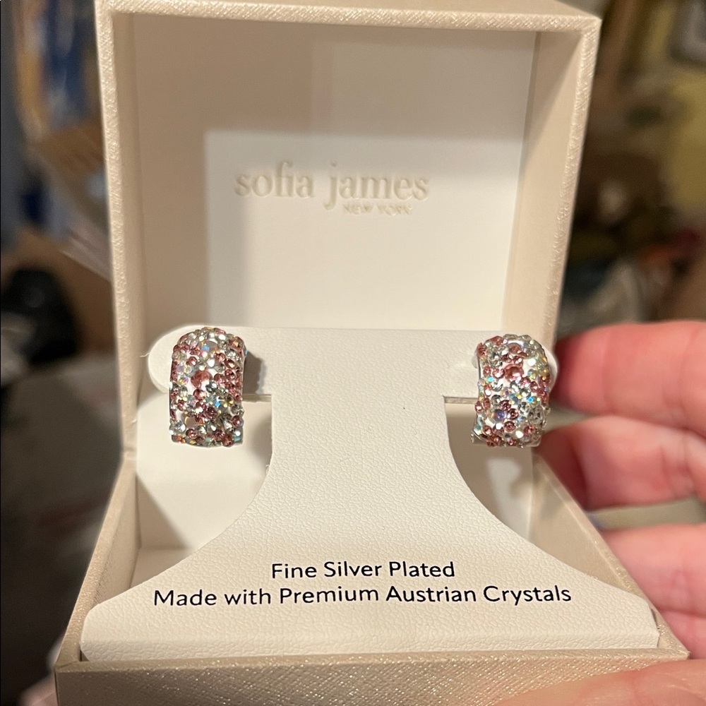NIB Sofia James Silver Plated Australian Crystal Earrings Pink and white